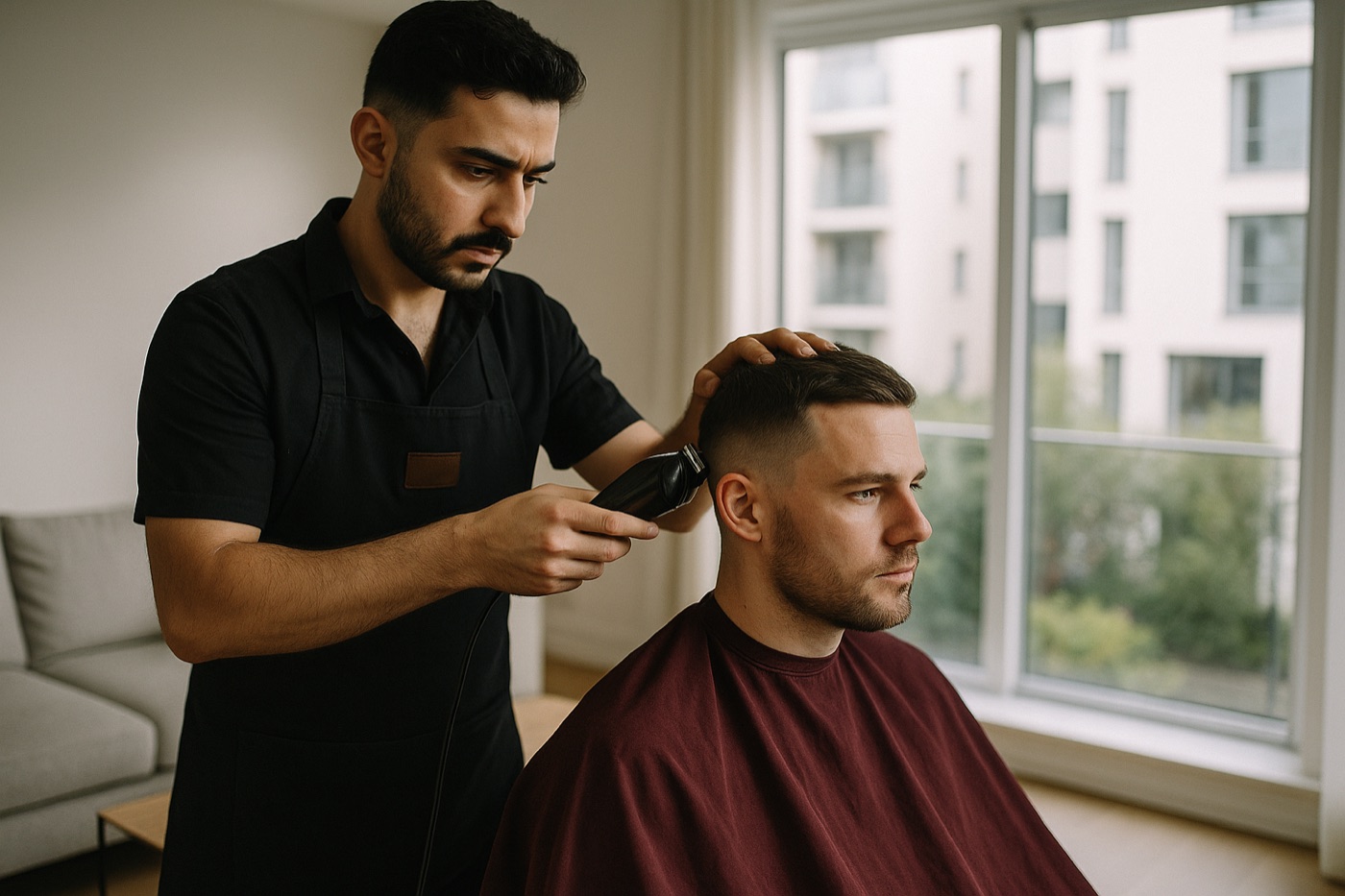 A barber cutting a client's hair at home